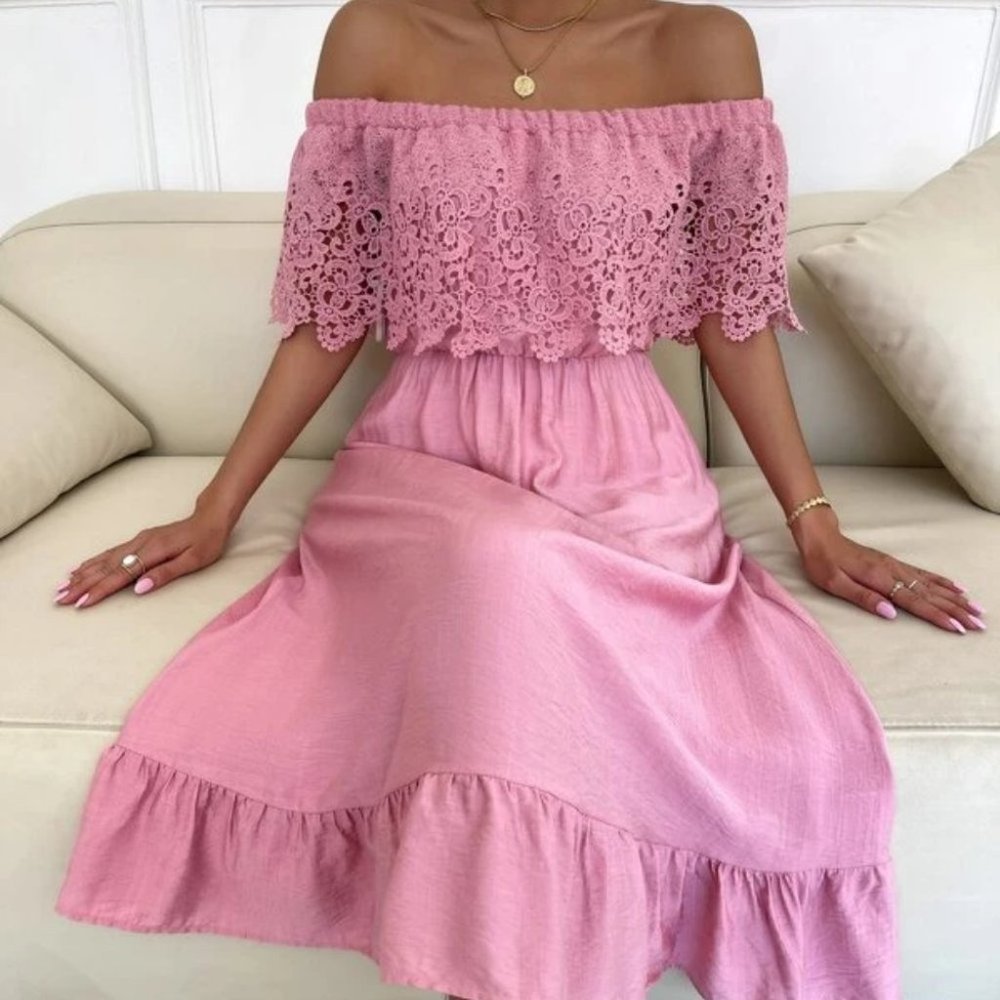 PINK Lace Overplayed ruffled Off shoulder Midi Dress - Picture 1 of 6